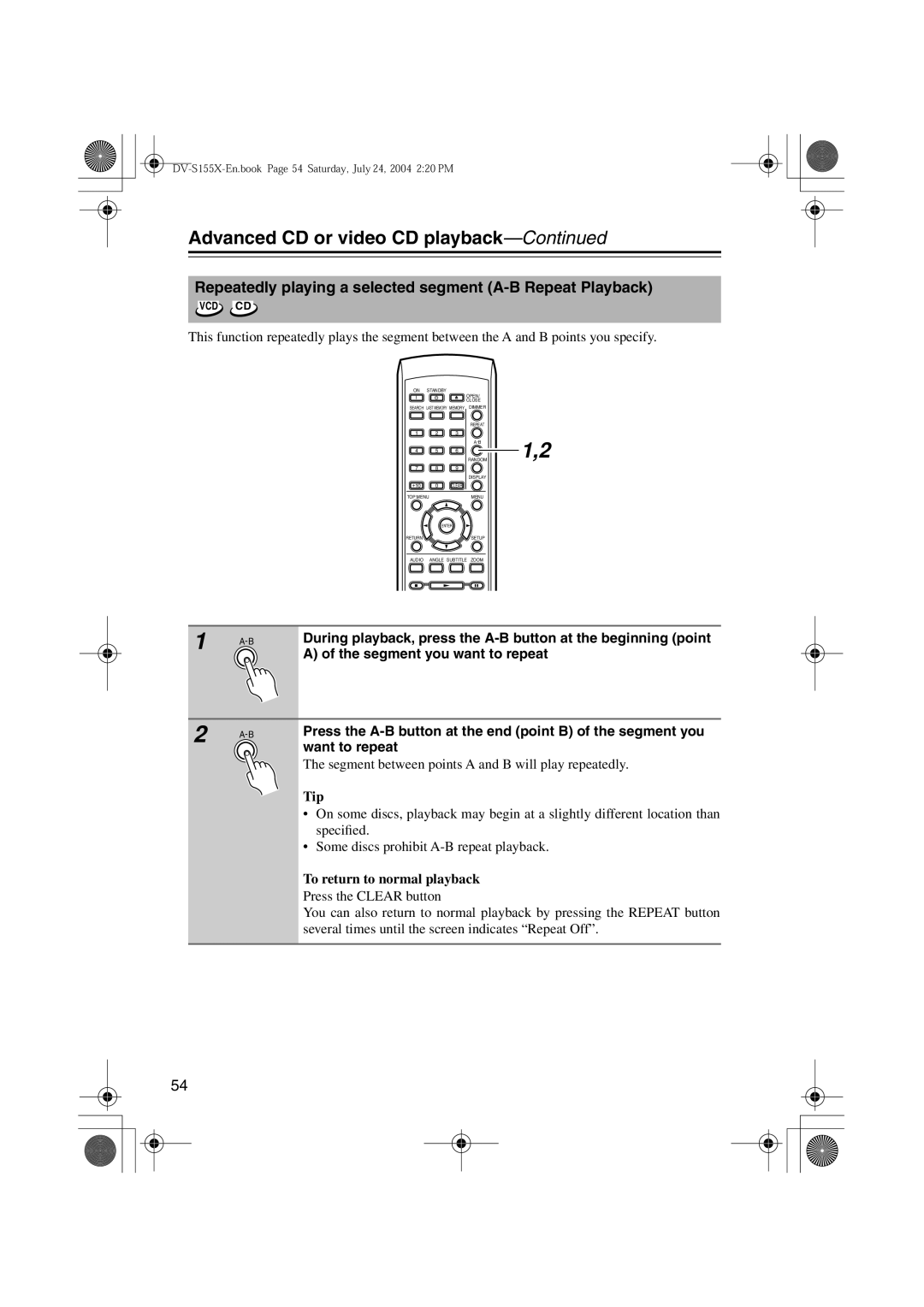 Onkyo HTE-V10X, PR-155X, ST-V10X, SWA-V10X, HTC-V10X, HTP-V10X DV-S155X-En.book Page 54 Saturday, July 24, 2004 220 PM 