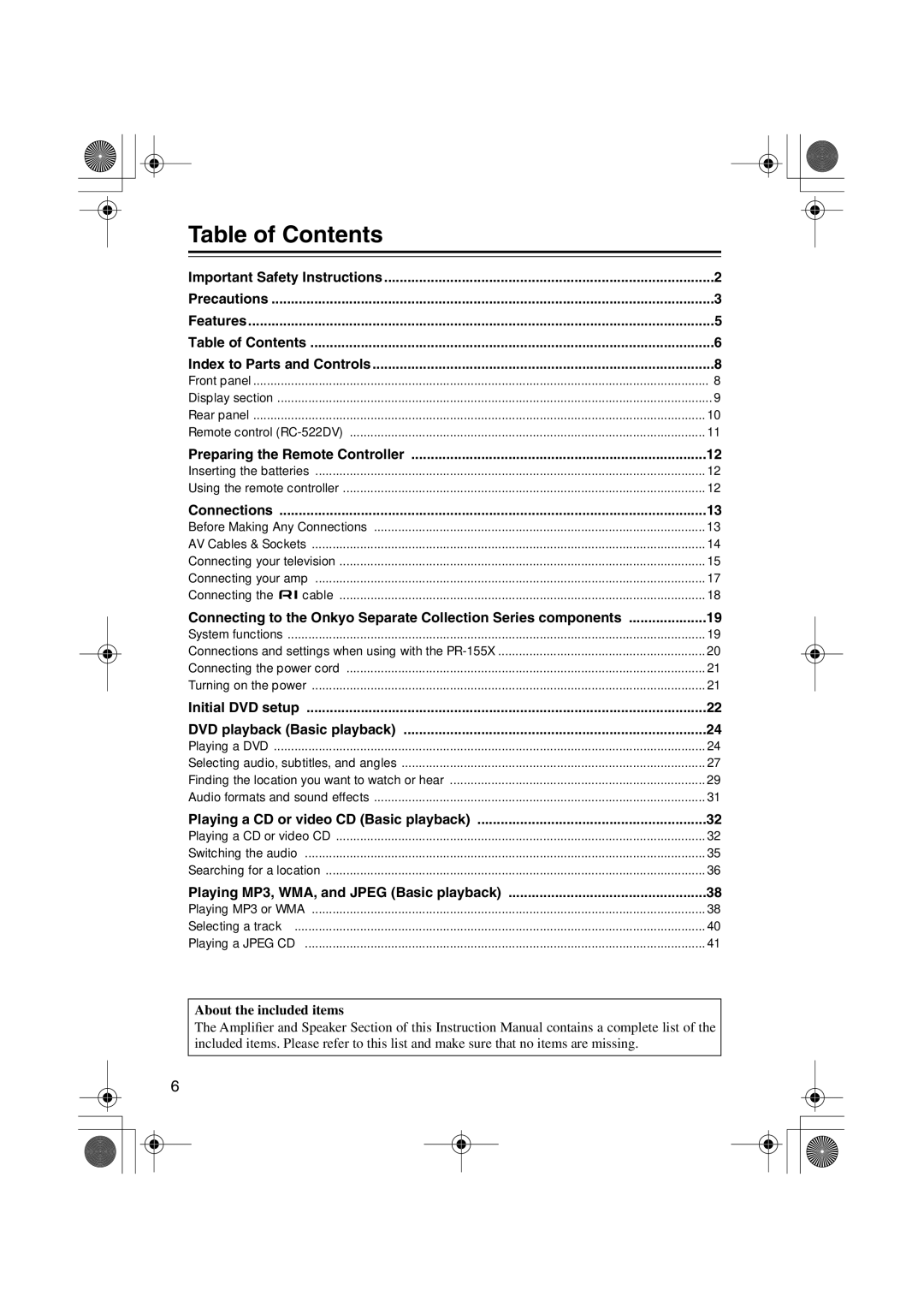 Onkyo HTP-V10X, PR-155X, ST-V10X, SWA-V10X, HTC-V10X, DV-S155X, HTE-V10X instruction manual Table of Contents 