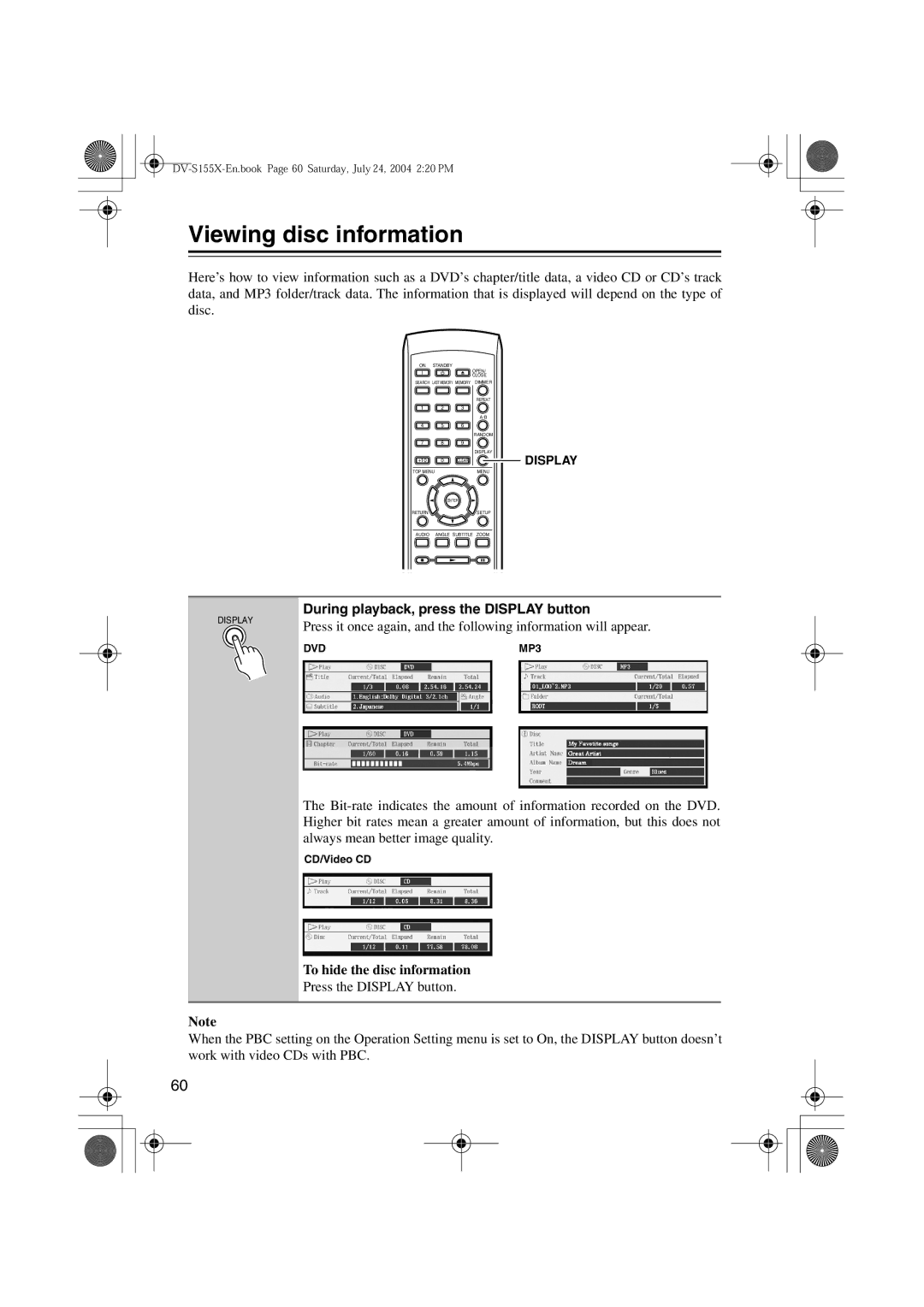 Onkyo DV-S155X, PR-155X Viewing disc information, During playback, press the Display button, To hide the disc information 