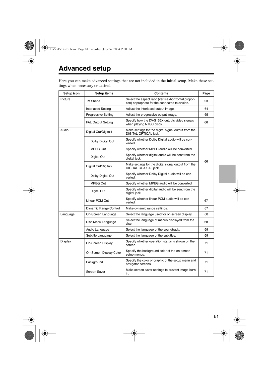 Onkyo HTE-V10X, PR-155X, ST-V10X, SWA-V10X, HTC-V10X, DV-S155X, HTP-V10X Advanced setup, Setup icon Setup items Contents 