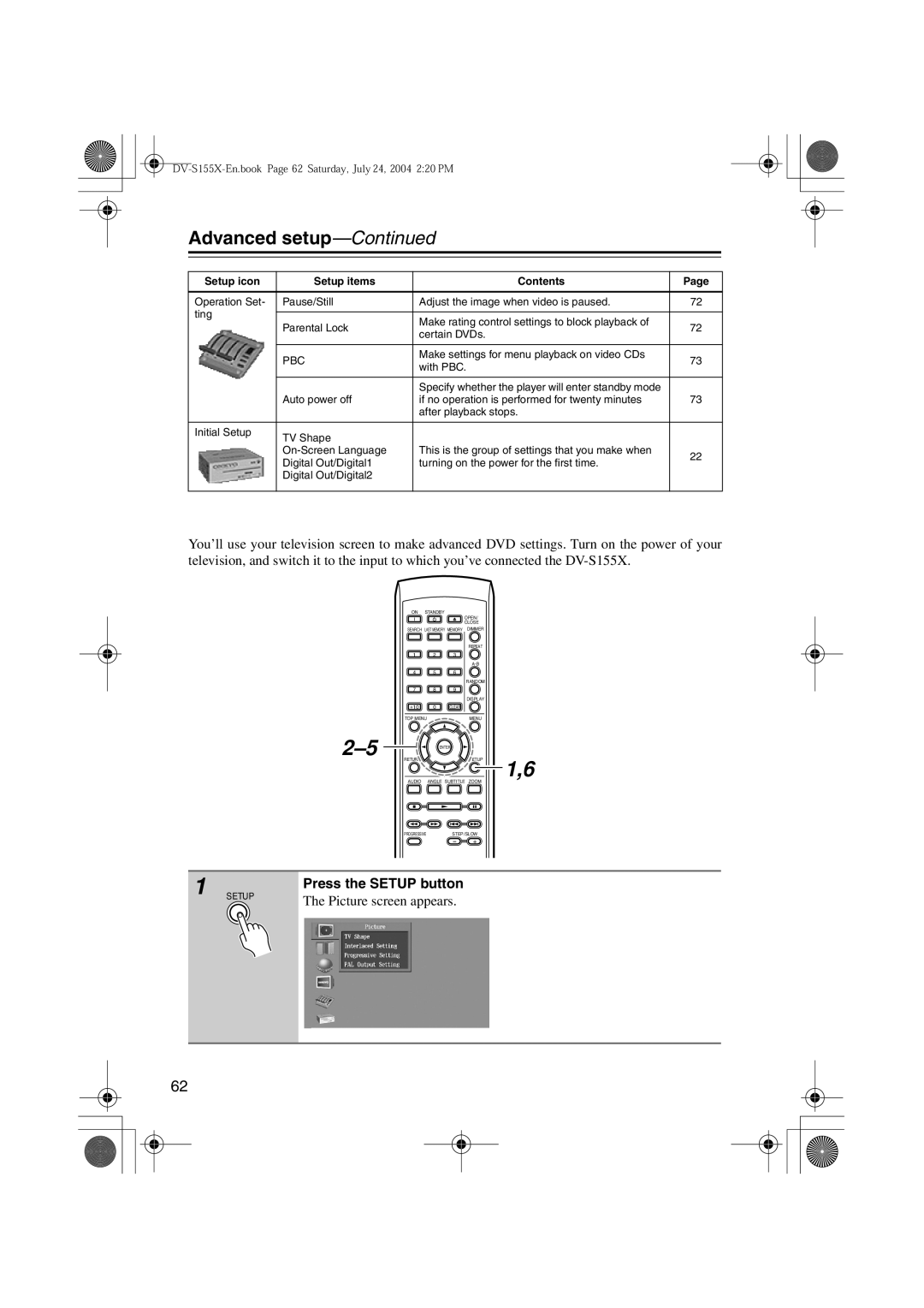 Onkyo HTP-V10X, PR-155X, ST-V10X, SWA-V10X, HTC-V10X, DV-S155X, HTE-V10X Advanced setup, Press the Setup button 