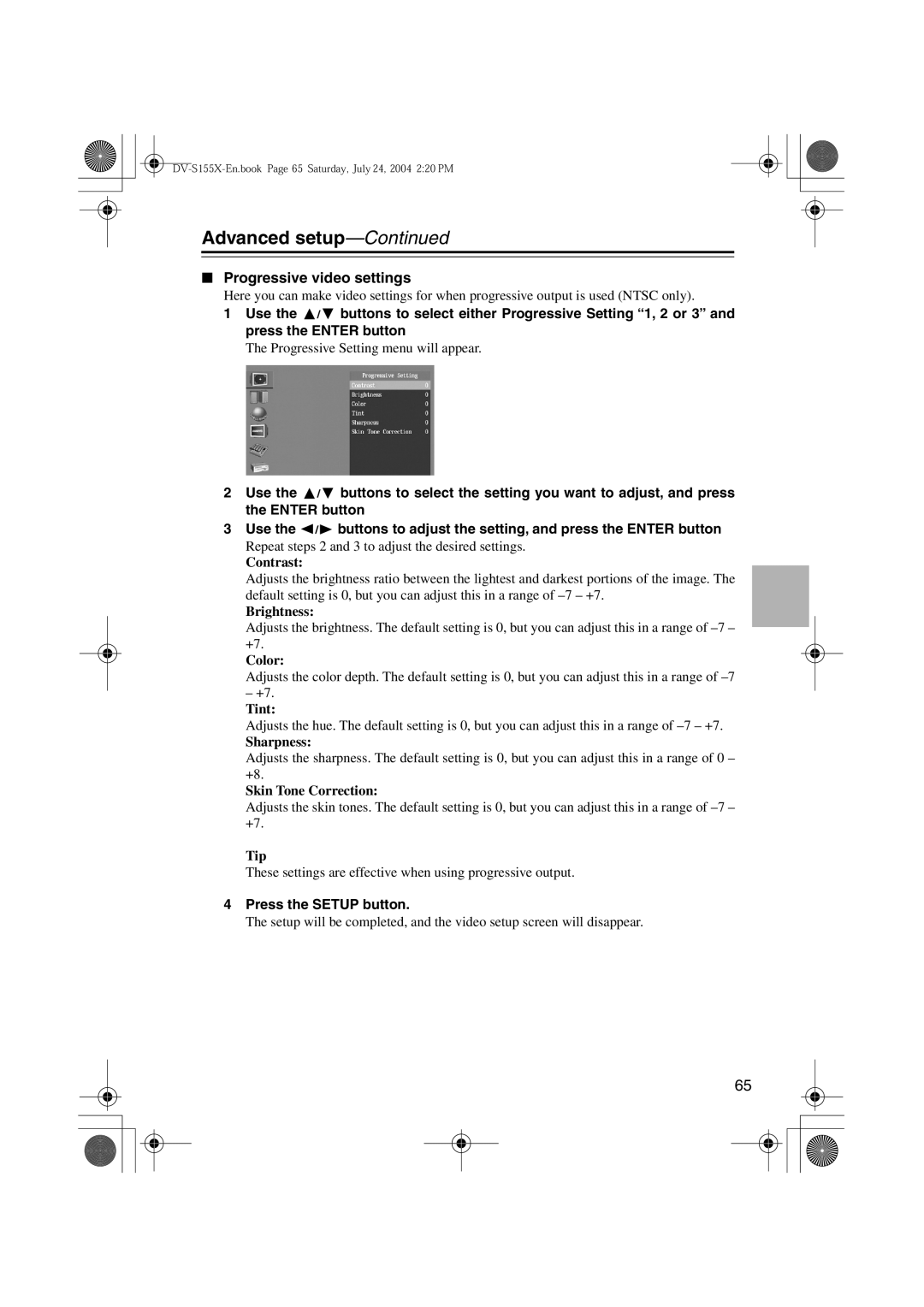 Onkyo SWA-V10X, PR-155X, ST-V10X, HTC-V10X, DV-S155X, HTE-V10X, HTP-V10X instruction manual Progressive video settings 