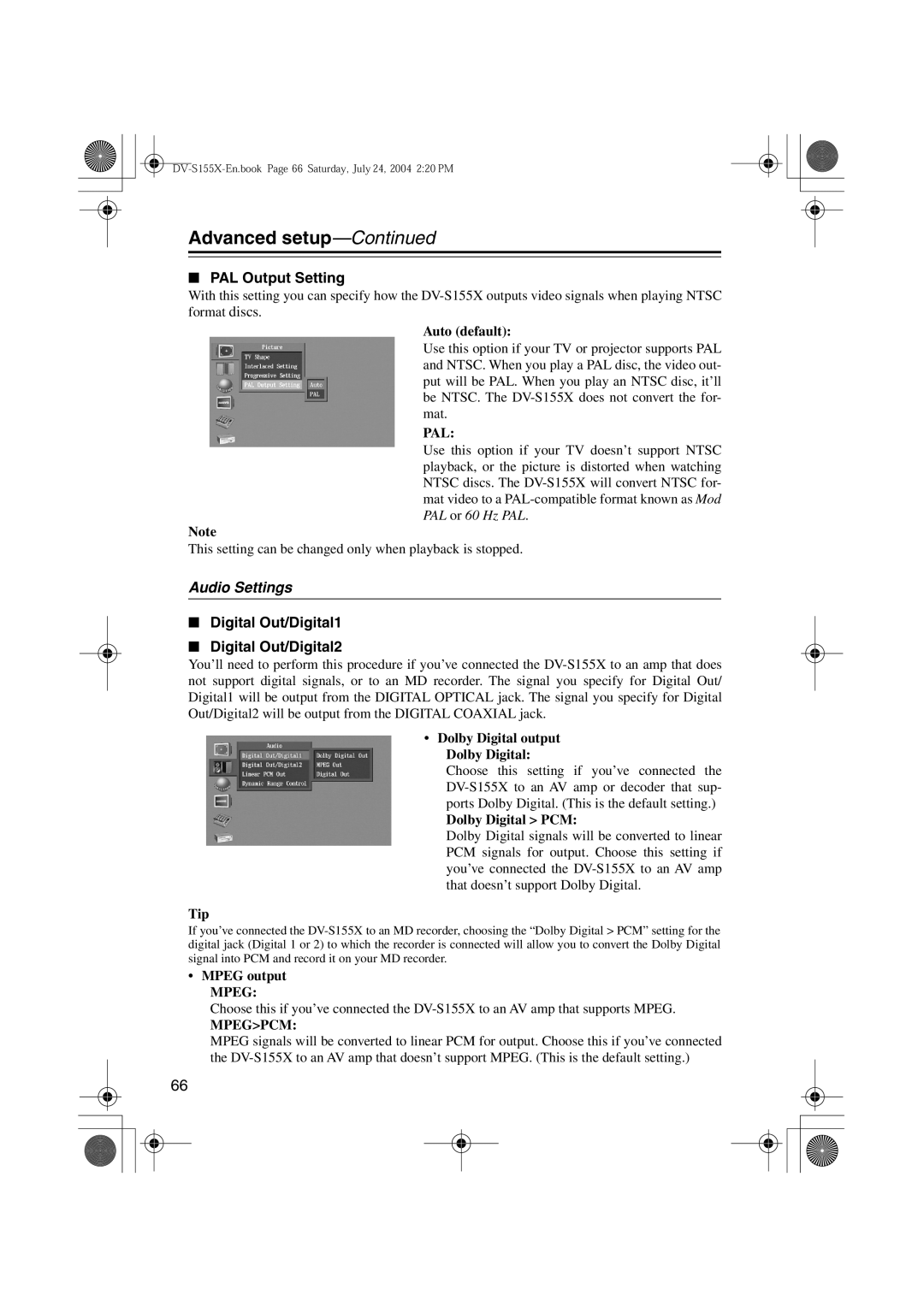 Onkyo HTC-V10X, PR-155X, ST-V10X, SWA-V10X PAL Output Setting, Audio Settings, Digital Out/Digital1 Digital Out/Digital2 