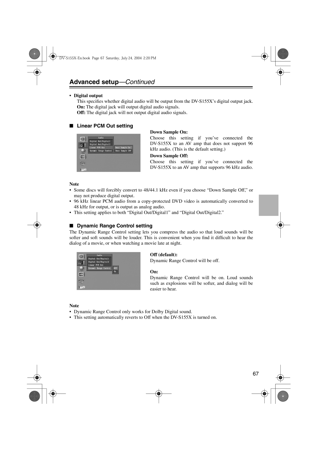 Onkyo DV-S155X, PR-155X, ST-V10X, SWA-V10X, HTC-V10X, HTE-V10X, HTP-V10X Linear PCM Out setting, Dynamic Range Control setting 