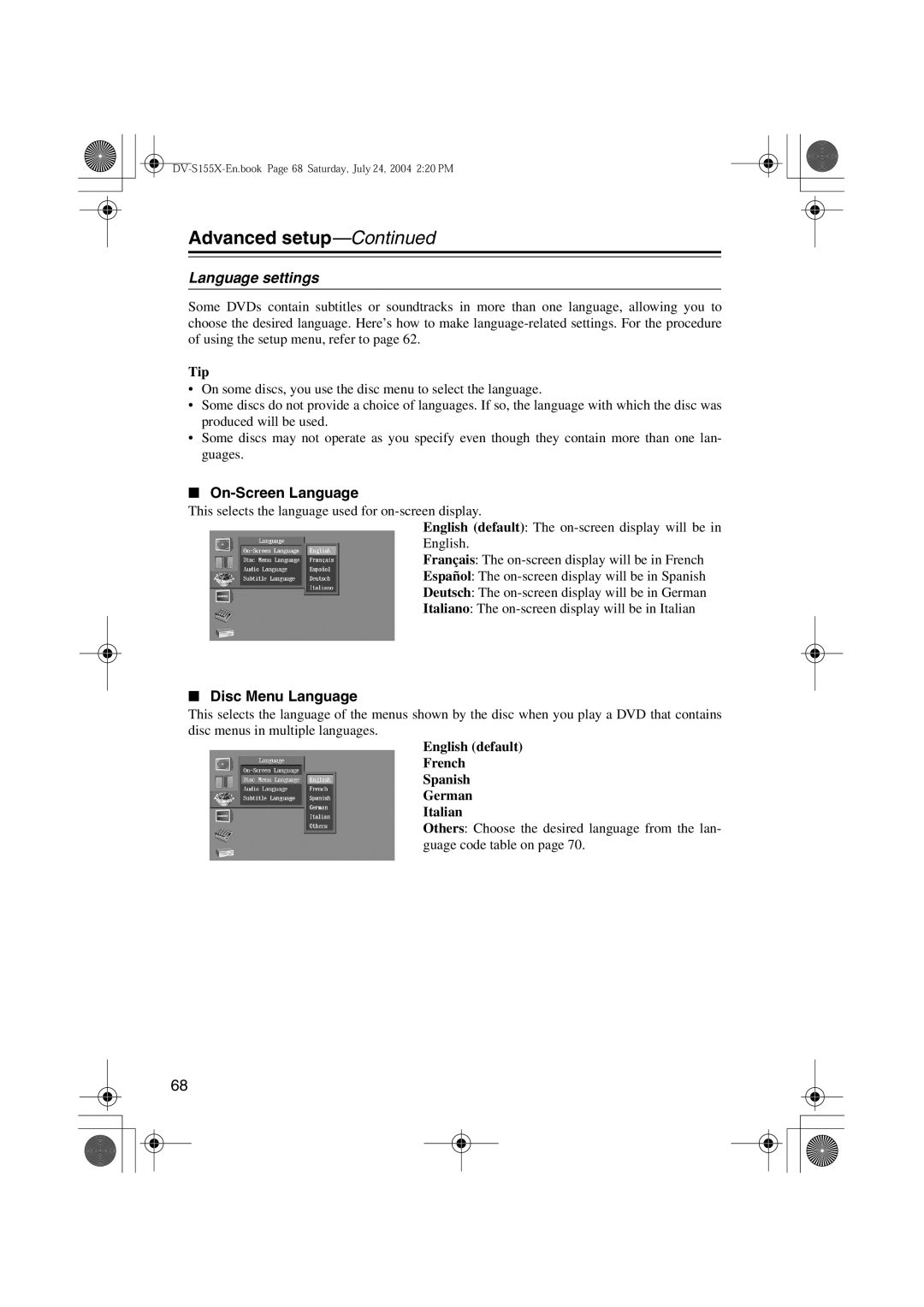 Onkyo HTE-V10X Language settings, On-Screen Language, Disc Menu Language, English default French Spanish German Italian 