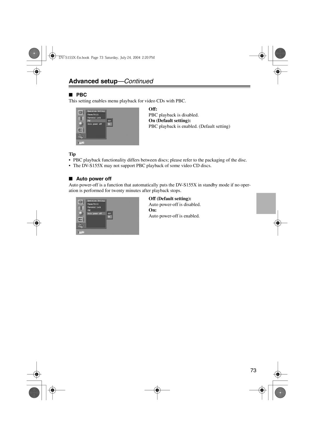 Onkyo HTC-V10X, PR-155X, ST-V10X, SWA-V10X, DV-S155X, HTE-V10X, HTP-V10X instruction manual Auto power off, Off Default setting 