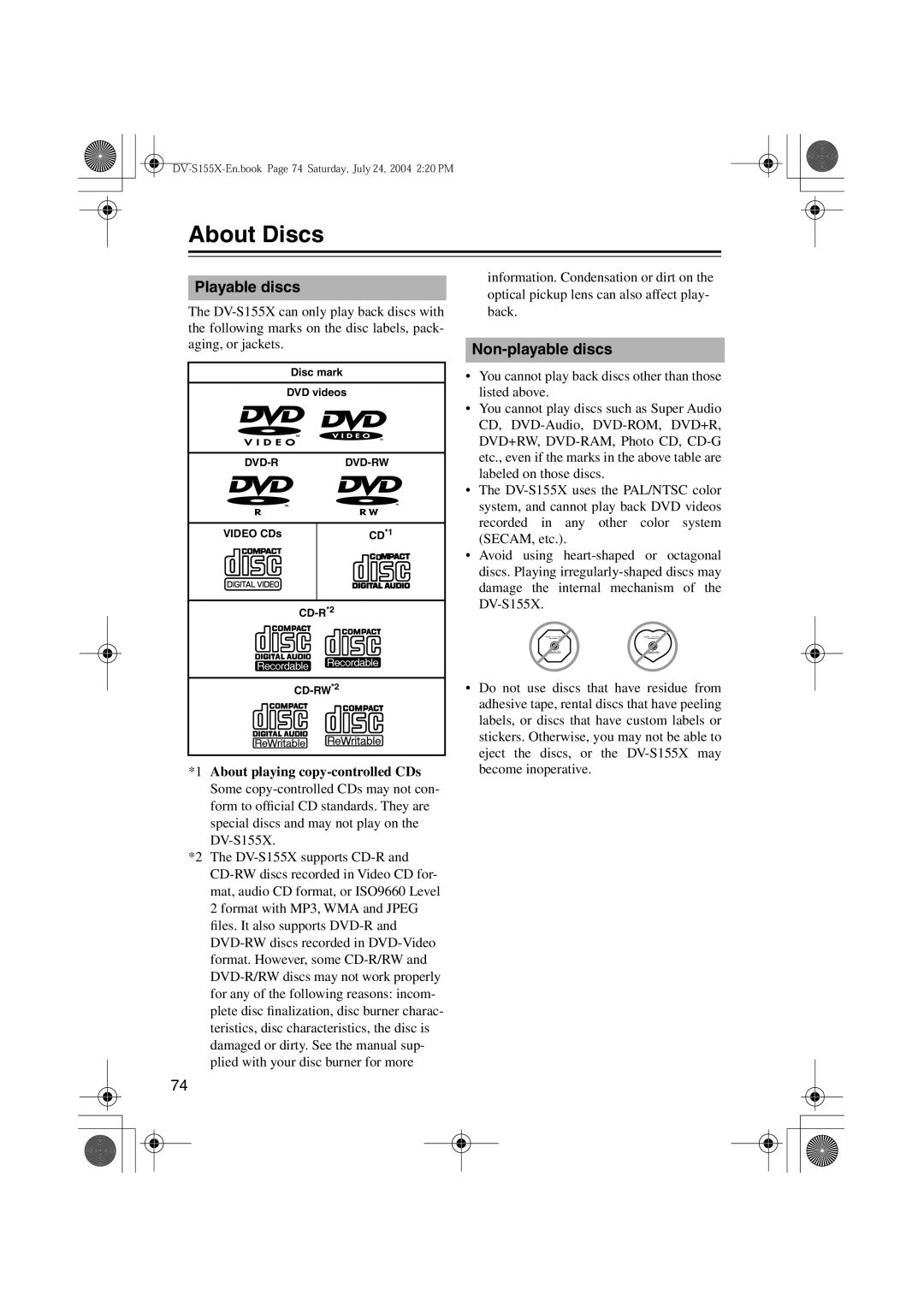 Onkyo DV-S155X, PR-155X About Discs, Playable discs, Non-playable discs, Disc mark DVD videos, Video CDs CD *1 CD-R*2 