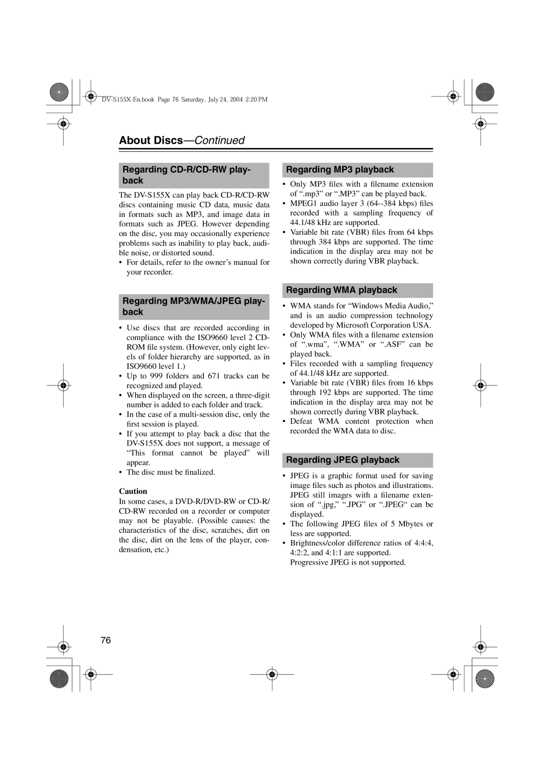 Onkyo HTP-V10X, PR-155X, ST-V10X Regarding CD-R/CD-RW play- back, Regarding MP3 playback, Regarding MP3/WMA/JPEG play- back 