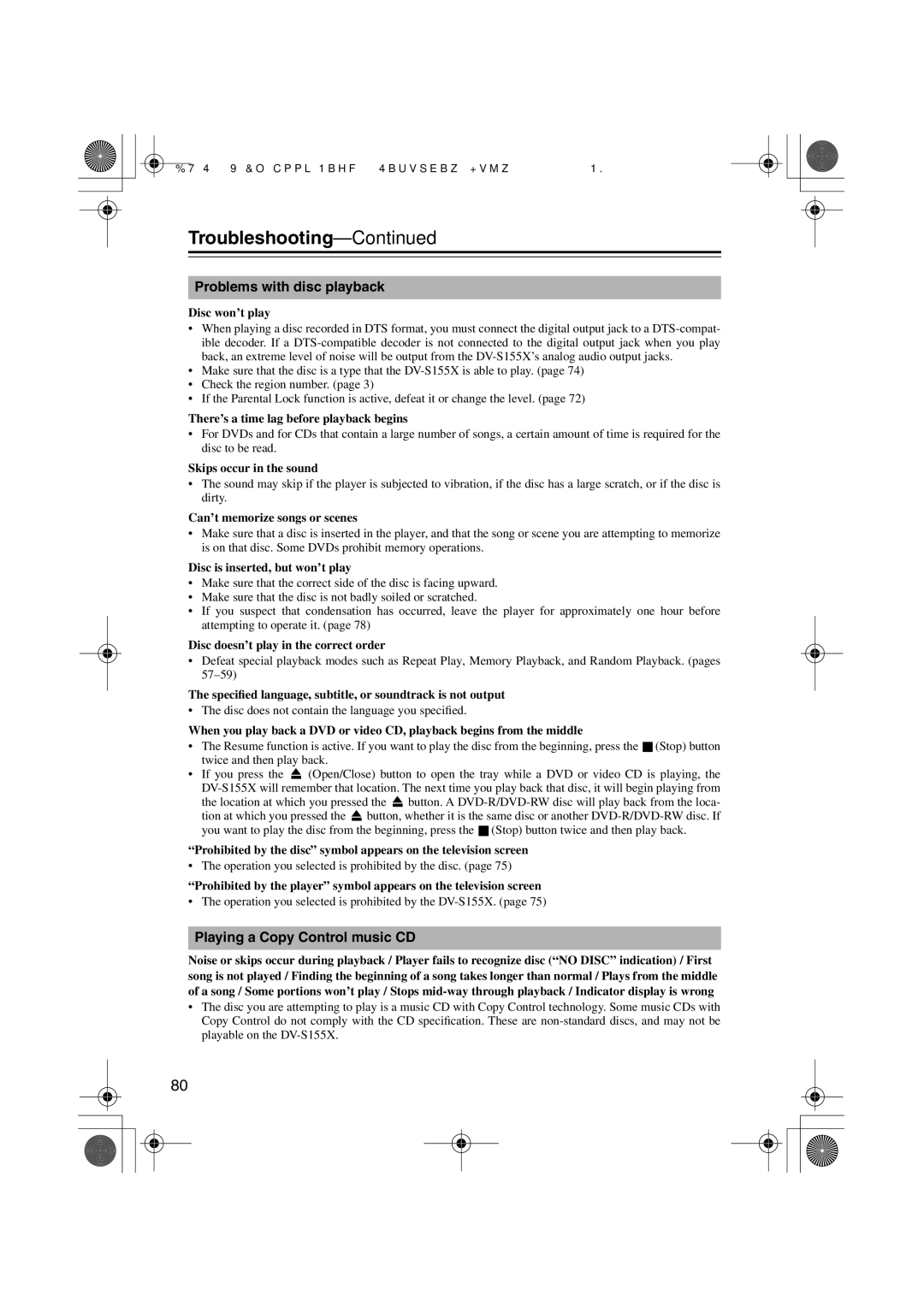 Onkyo HTC-V10X, PR-155X, ST-V10X, SWA-V10X Troubleshooting, Problems with disc playback, Playing a Copy Control music CD 