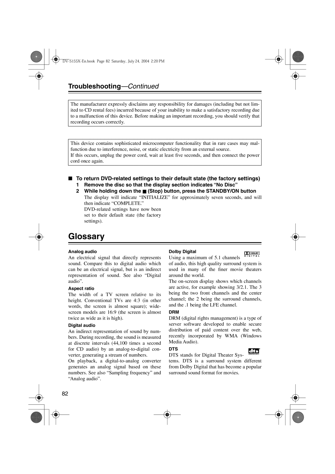 Onkyo HTE-V10X, PR-155X, ST-V10X, SWA-V10X, HTC-V10X, DV-S155X, HTP-V10X instruction manual Glossary 