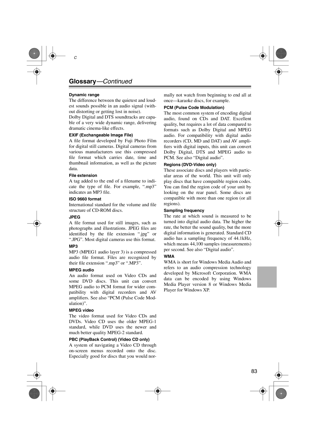 Onkyo HTP-V10X, PR-155X, ST-V10X, SWA-V10X, HTC-V10X, DV-S155X, HTE-V10X instruction manual Glossary 