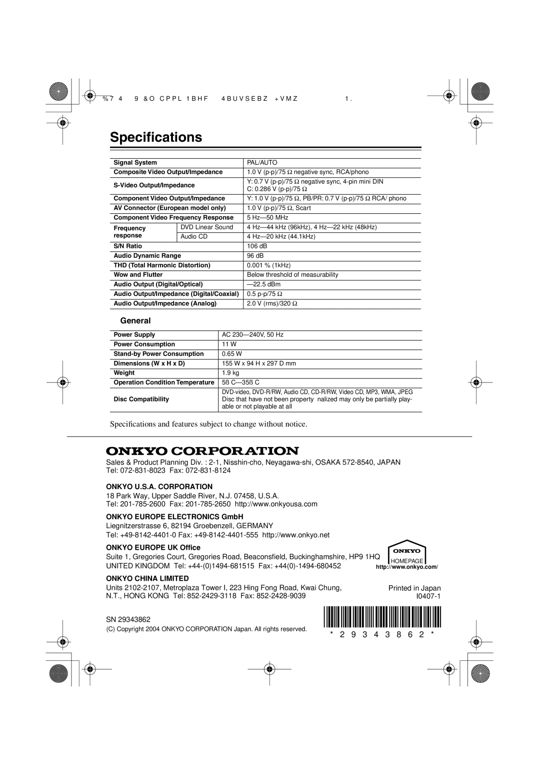 Onkyo PR-155X, ST-V10X, SWA-V10X, HTC-V10X, DV-S155X, HTE-V10X, HTP-V10X instruction manual Speciﬁcations, General 