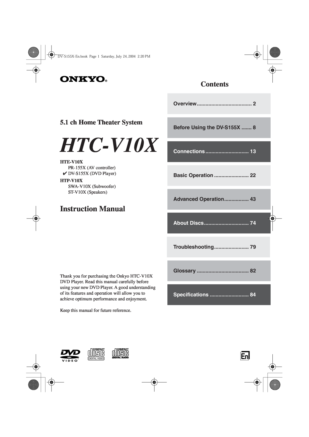 Onkyo ST-V10X instruction manual HTE-V10X, HTP-V10X, Overview, Before Using the DV-S155X, Basic Operation, Troubleshooting 