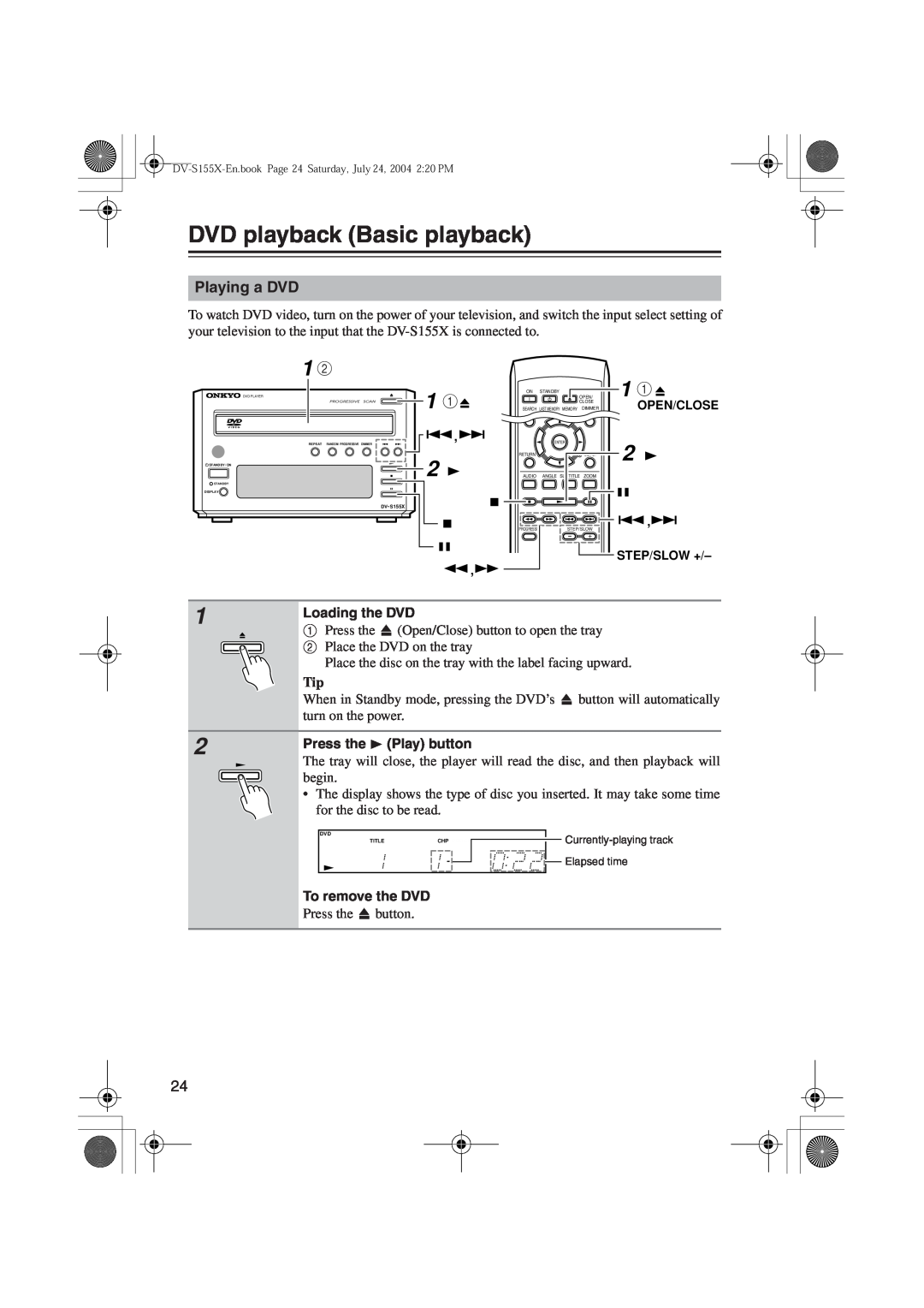 Onkyo HTC-V10X DVD playback Basic playback, Playing a DVD, Loading the DVD, Press the Play button, To remove the DVD 
