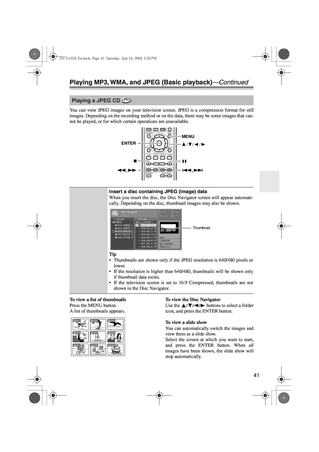 Onkyo HTP-V10X, PR-155X Playing a JPEG CD JPEG, Insert a disc containing JPEG image data, To view a list of thumbnails 