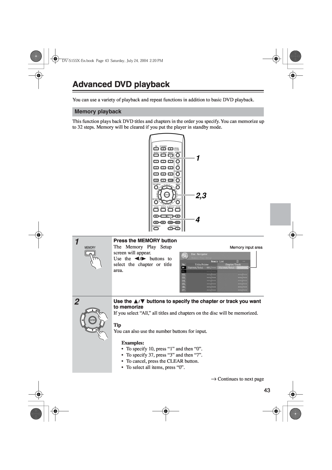 Onkyo ST-V10X, PR-155X Advanced DVD playback, 1 2,3, Memory playback, Press the MEMORY button, to memorize, Examples 