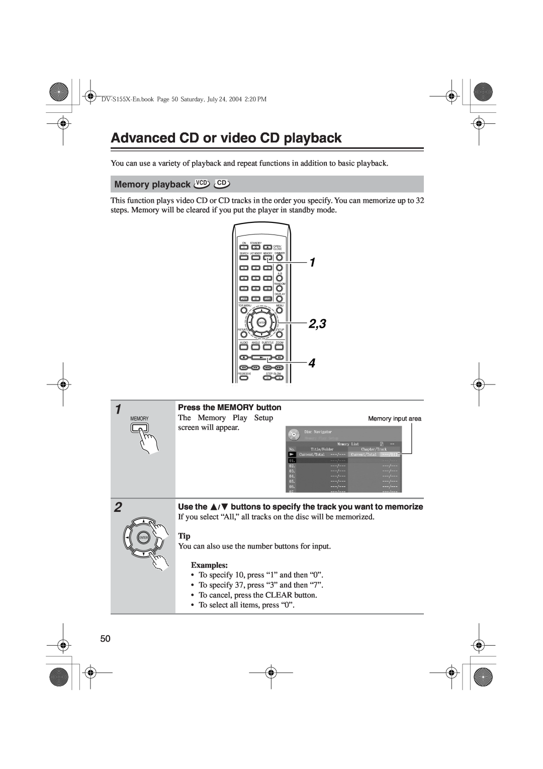 Onkyo ST-V10X, PR-155X Advanced CD or video CD playback, Memory playback VCDCD, 1 2,3, Press the MEMORY button, Examples 