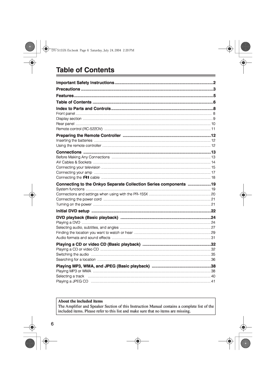 Onkyo HTP-V10X Table of Contents, Important Safety Instructions, Precautions, Features, Index to Parts and Controls 