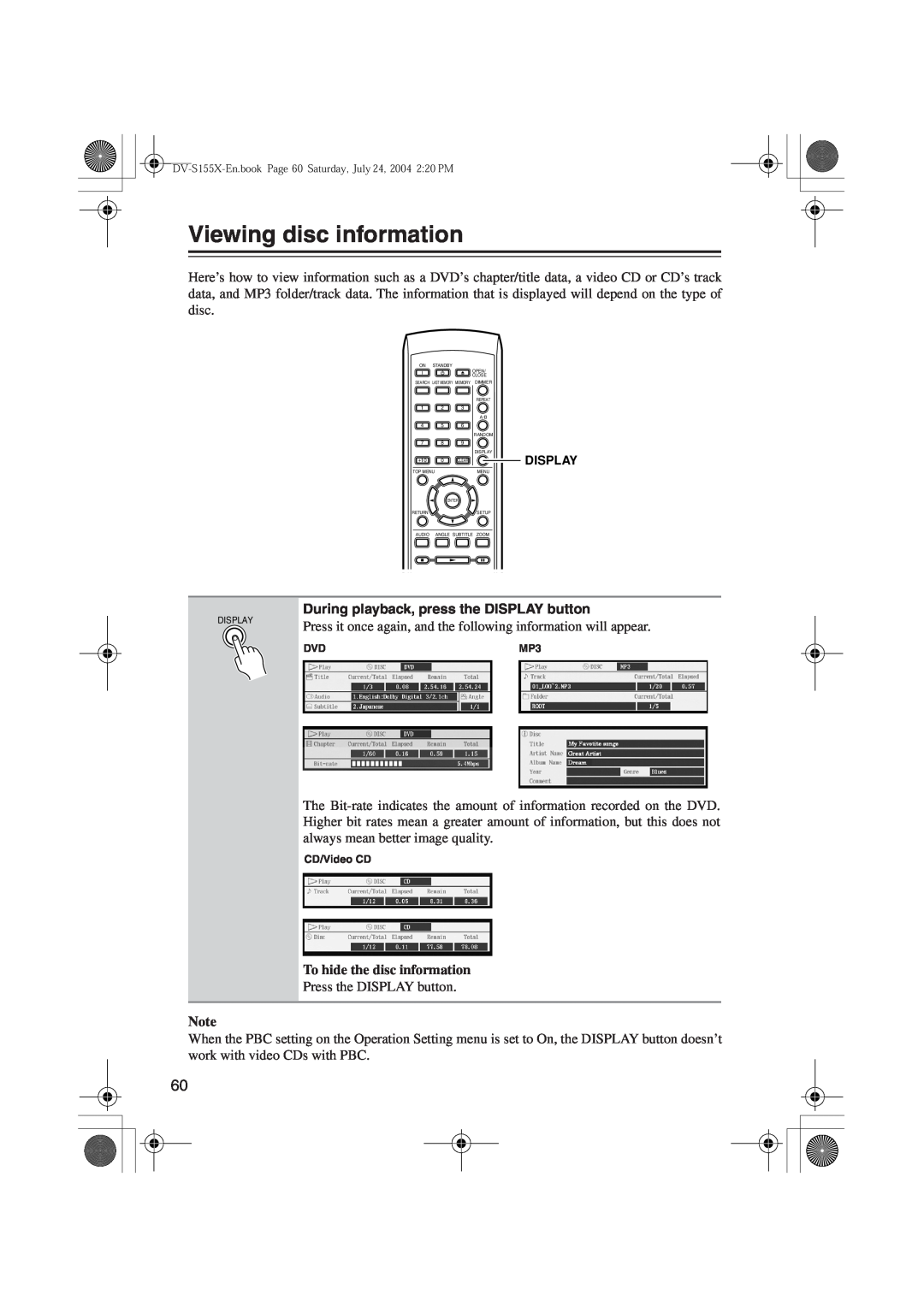 Onkyo DV-S155X, PR-155X Viewing disc information, During playback, press the DISPLAY button, To hide the disc information 