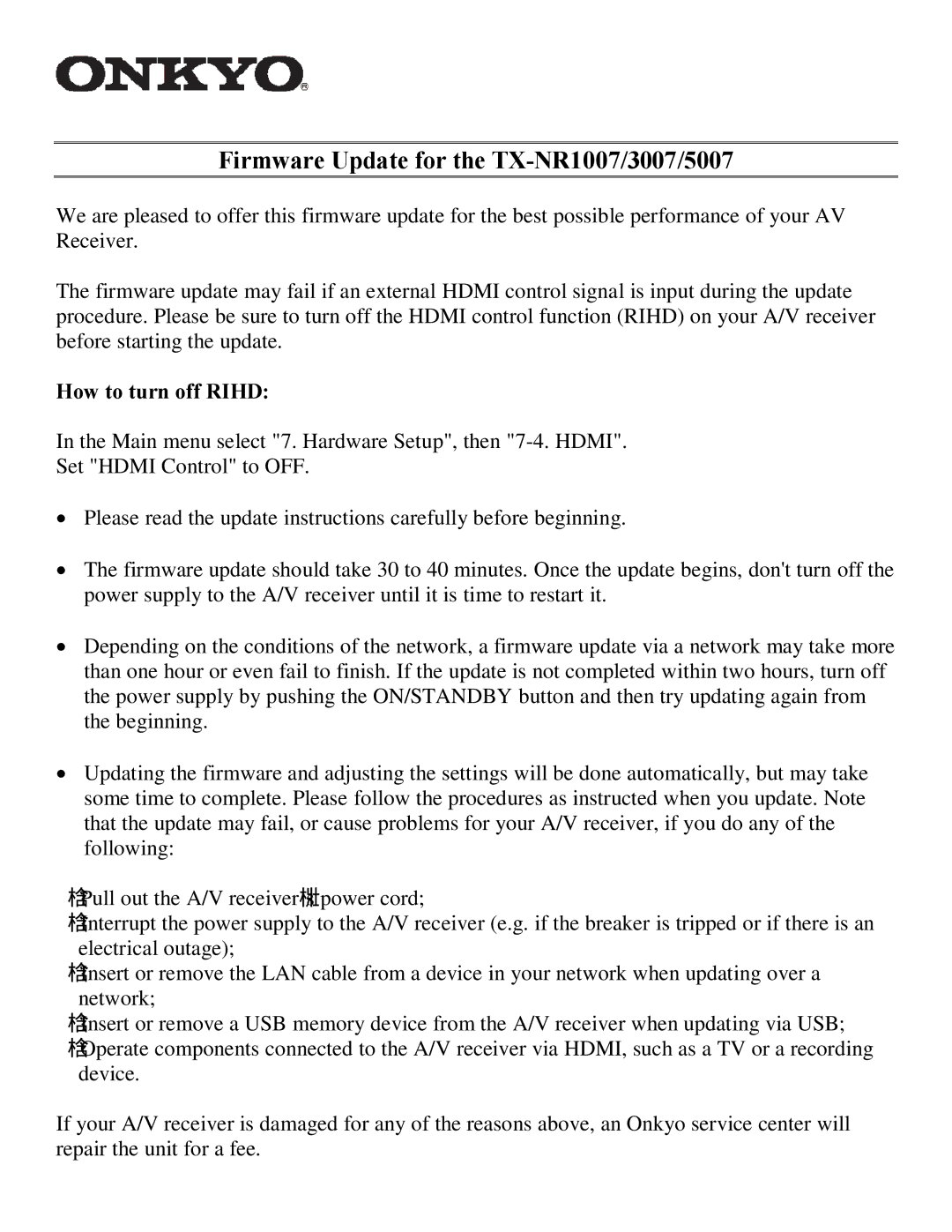 Onkyo TXNR1007, PR-SC5507, TXNR3007 manual Firmware Update for the TX-NR1007/3007/5007 