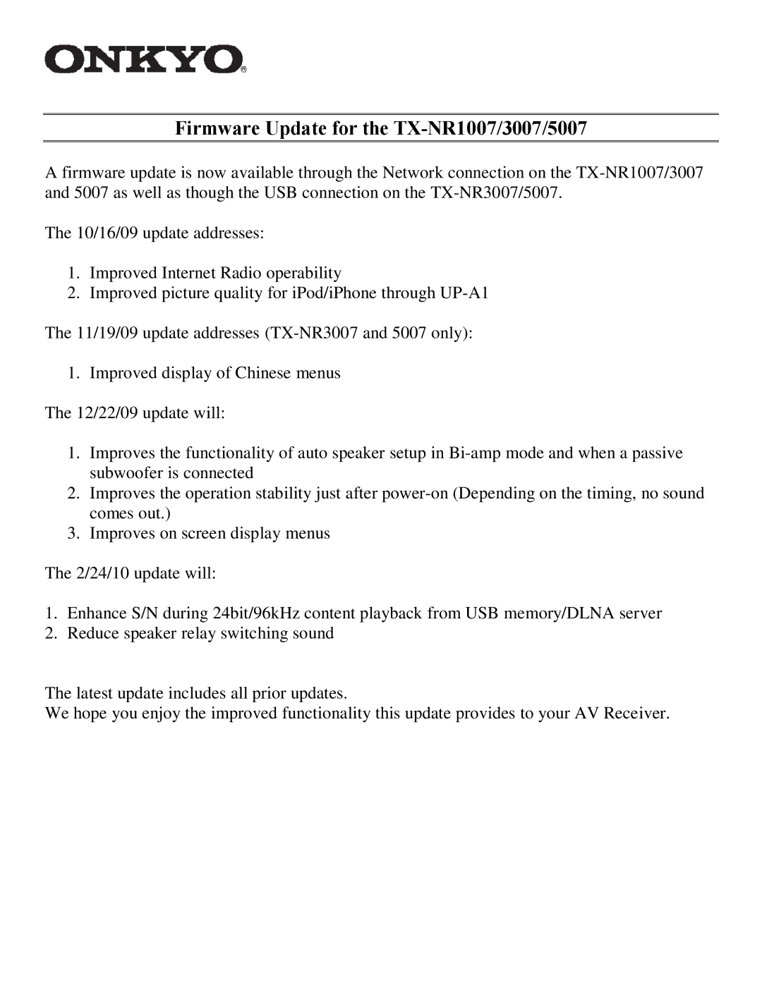 Onkyo TXNR3007, PR-SC5507, TXNR1007 manual Firmware Update for the TX-NR1007/3007/5007 