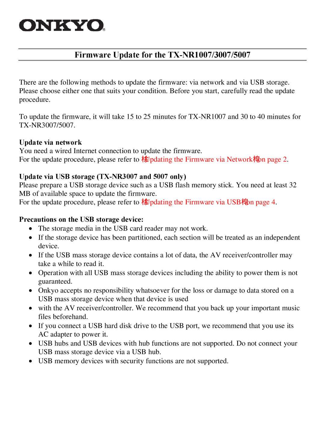 Onkyo PR-SC5507, TXNR1007, TXNR3007 manual Firmware Update for the TX-NR1007/3007/5007 