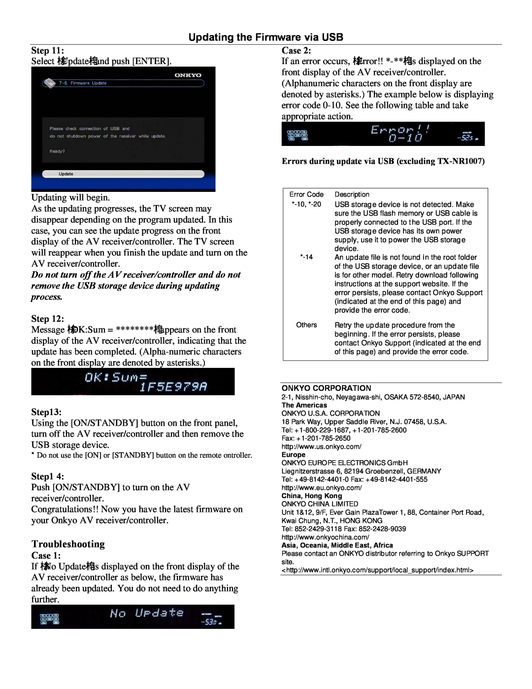 Onkyo TXNR1007, PR-SC5507, TXNR3007 manual Updating the Firmware via USB, Troubleshooting 