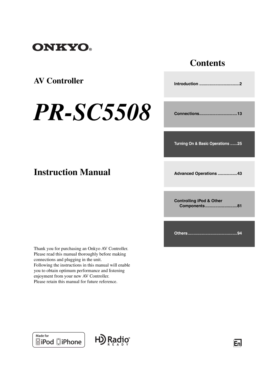 Onkyo PR-SC5508 instruction manual Introduction Connections, Advanced Operations Controlling iPod & Other Components 