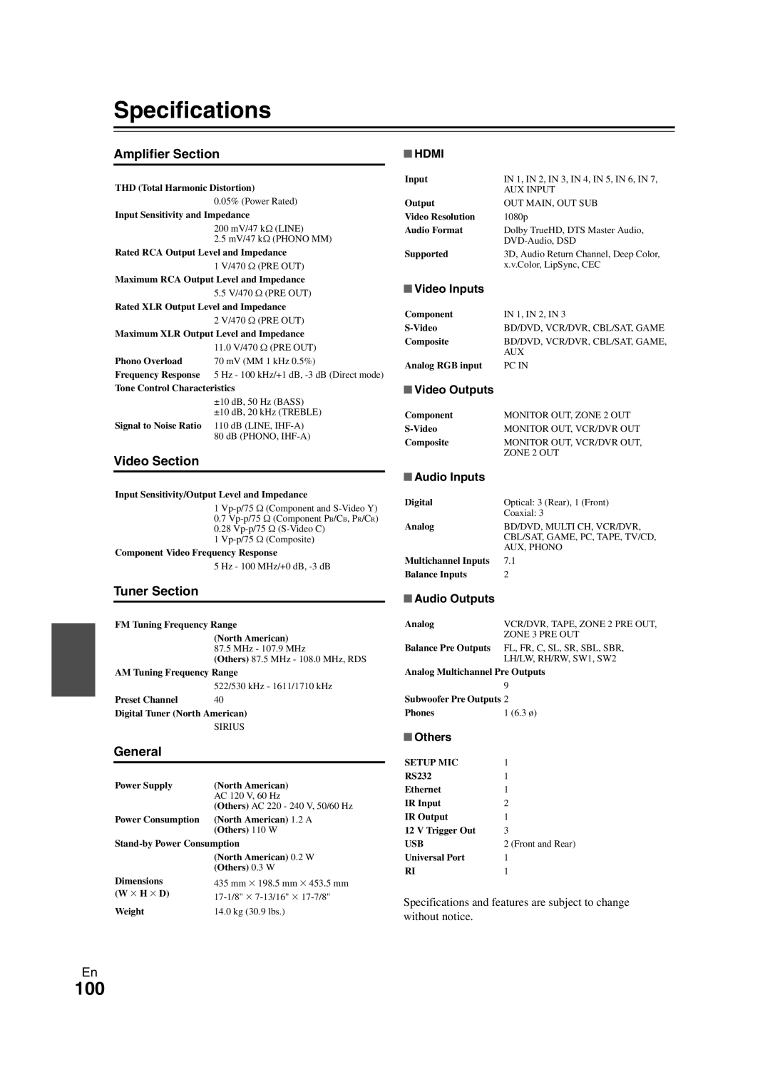 Onkyo PR-SC5508 instruction manual Specifications, Amplifier Section, Video Section, Tuner Section, General 