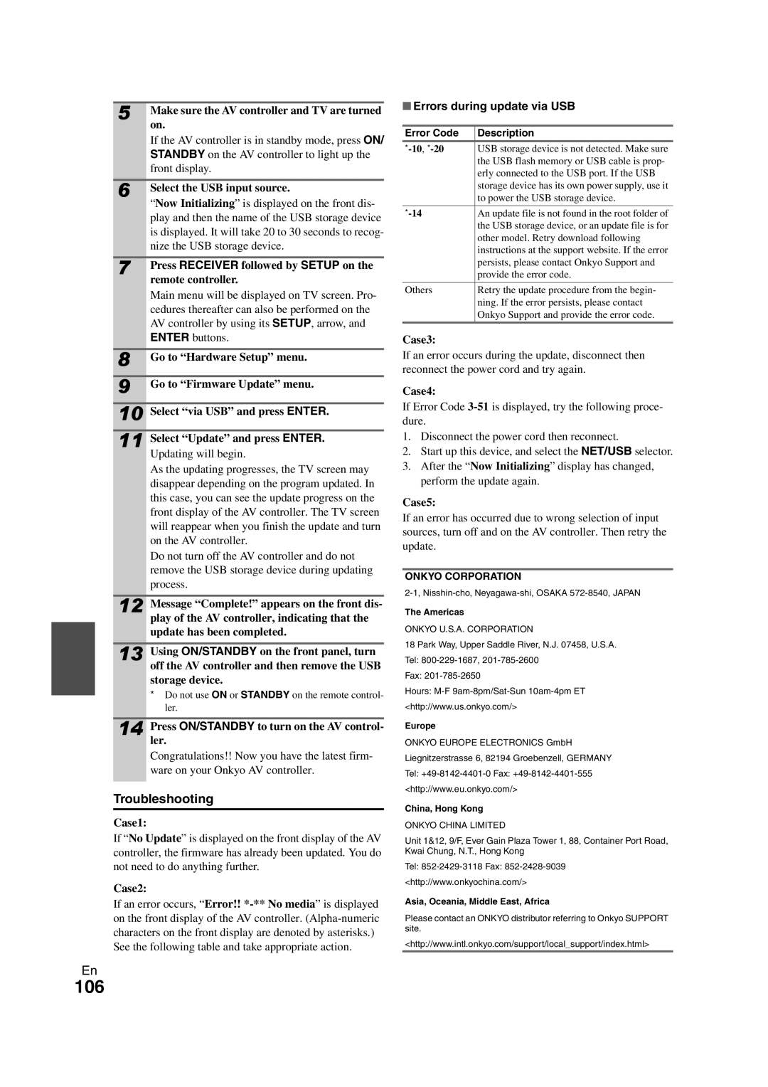 Onkyo PR-SC5508 instruction manual Errors during update via USB 