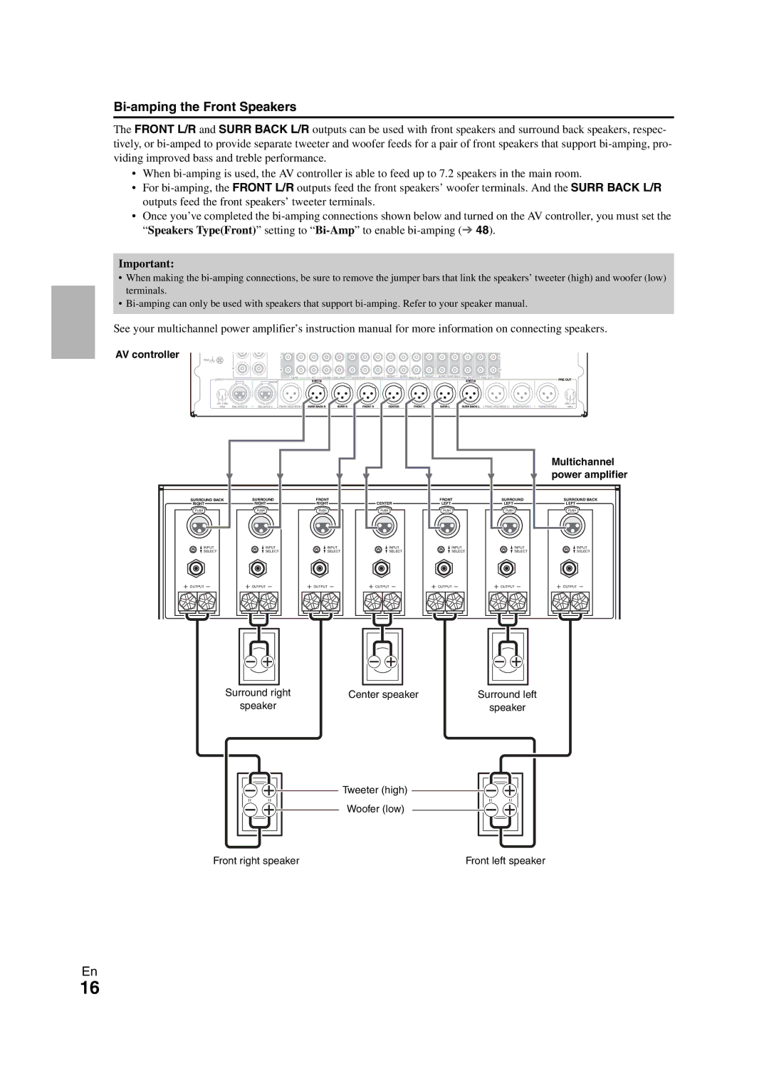 Onkyo PR-SC5508 instruction manual Bi-amping the Front Speakers, Speaker Impedance 