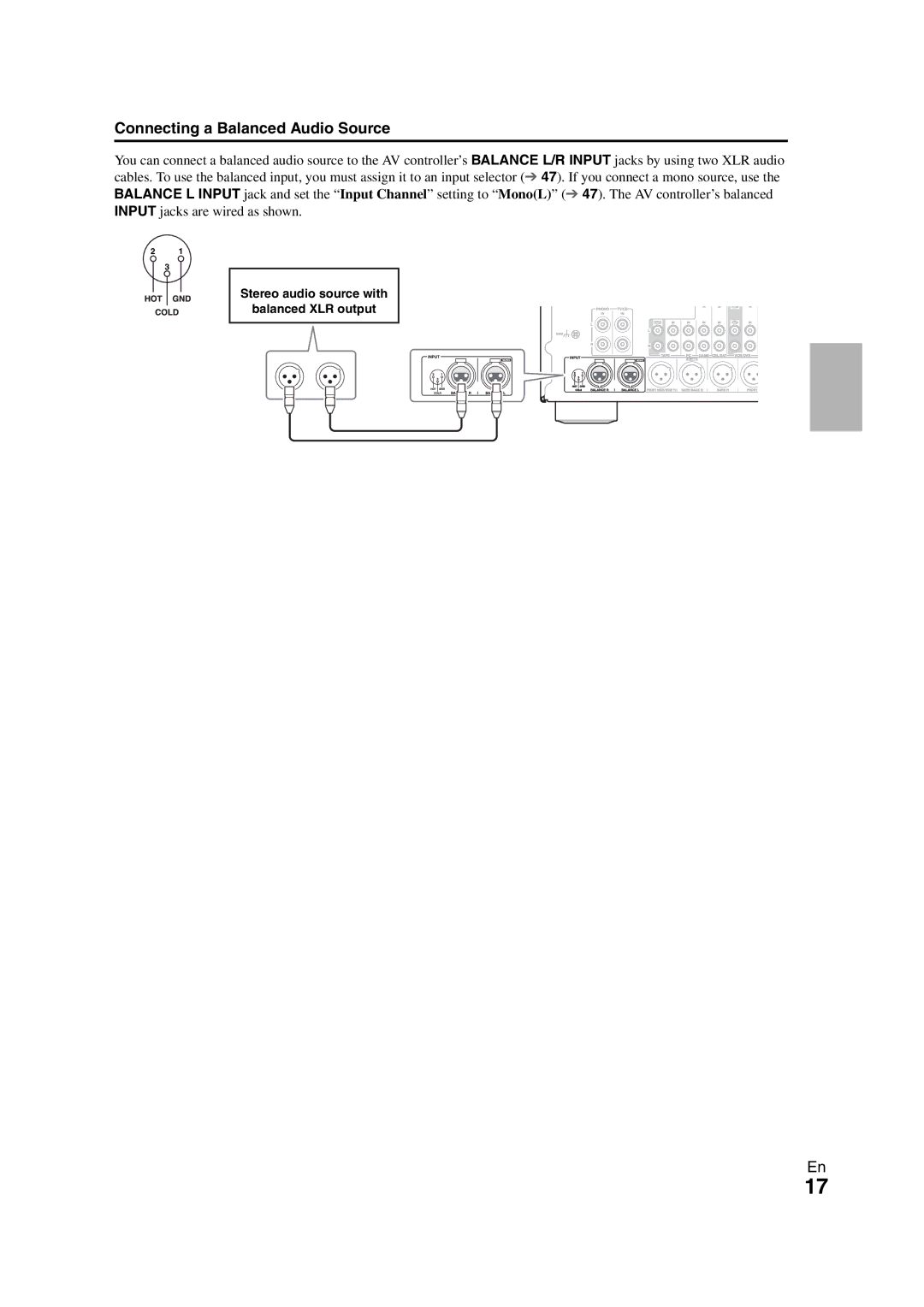 Onkyo PR-SC5508 instruction manual Connecting a Balanced Audio Source, Stereo audio source with Balanced XLR output 