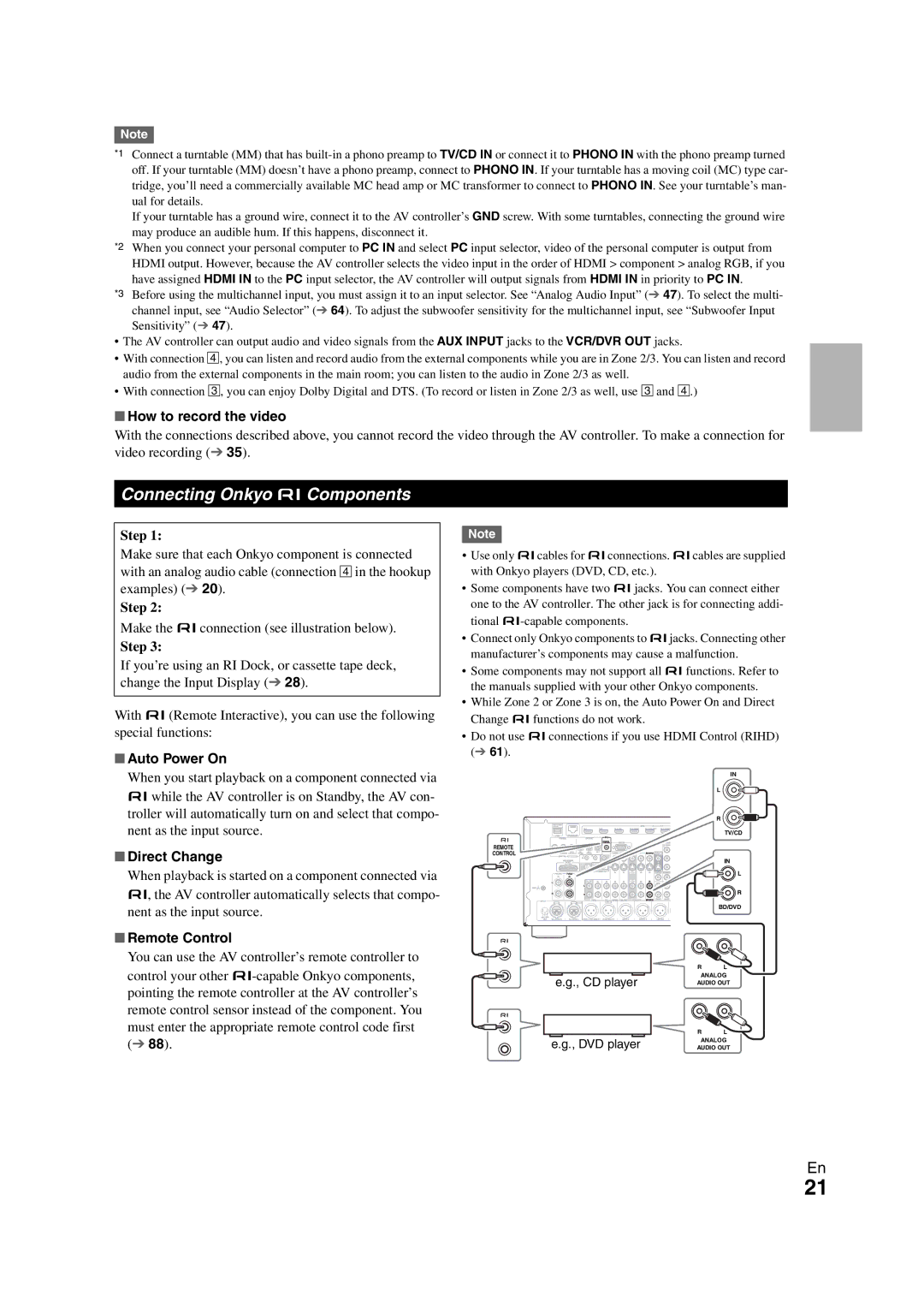 Onkyo PR-SC5508 Connecting Onkyo uComponents, How to record the video, Auto Power On, Direct Change, Remote Control 