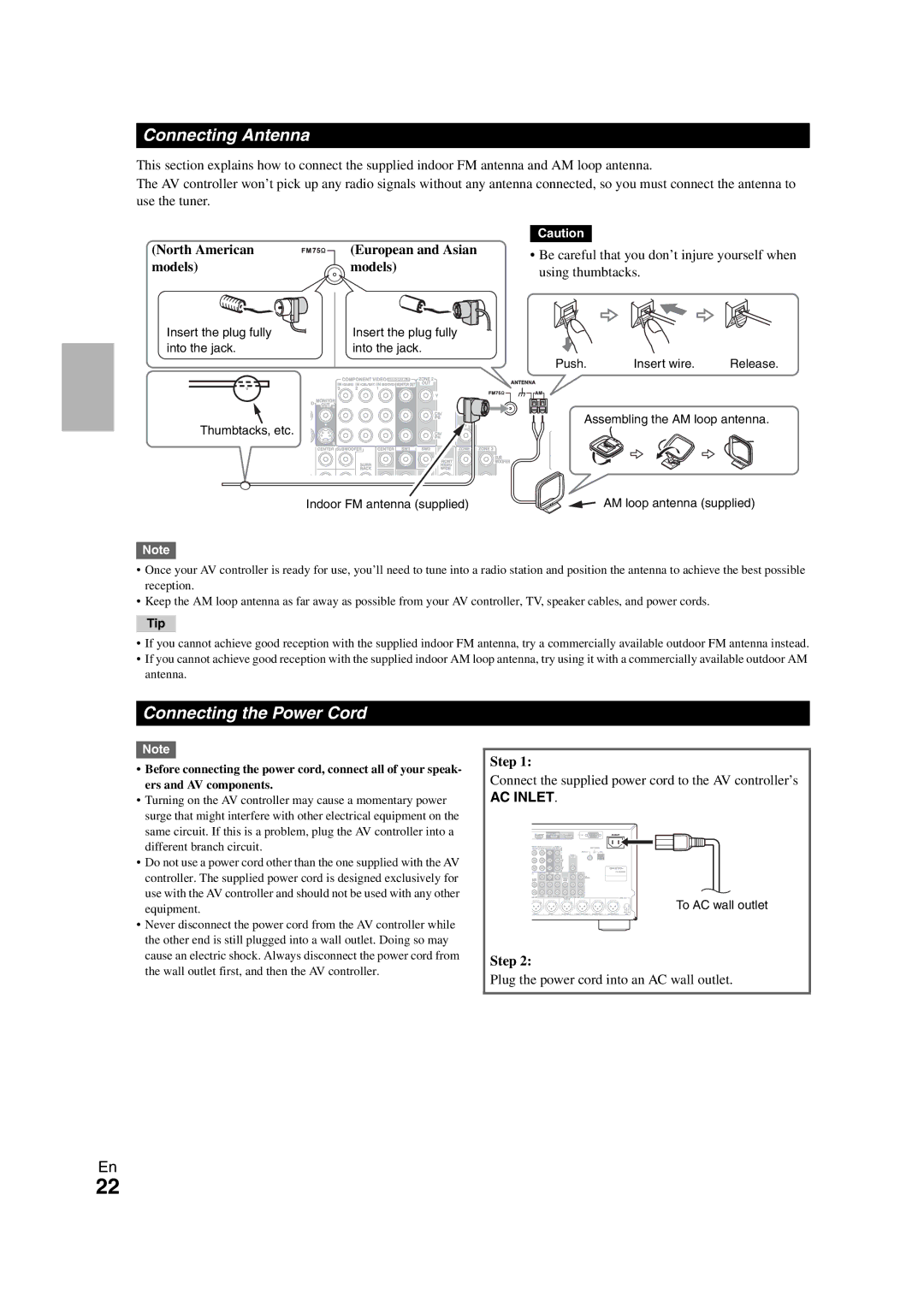 Onkyo PR-SC5508 Connecting Antenna, Connecting the Power Cord, North American European and Asian Models, AC Inlet 