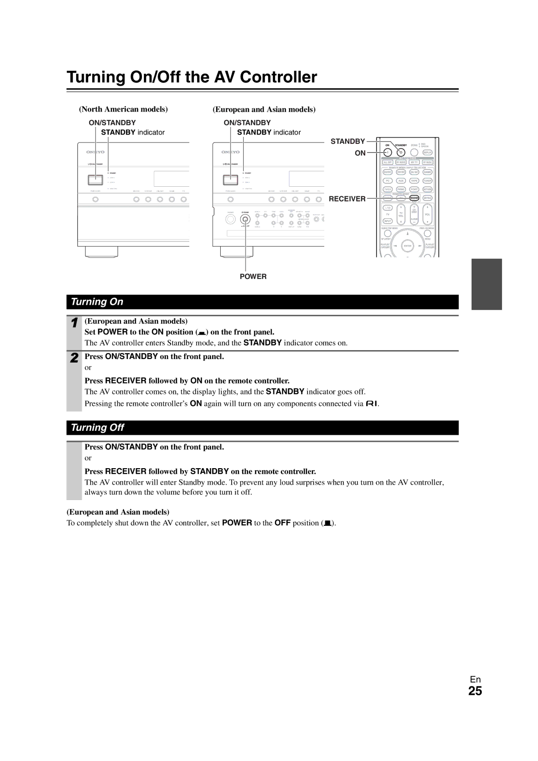 Onkyo PR-SC5508 instruction manual Turning On/Off the AV Controller, Turning Off, Standby indicator 