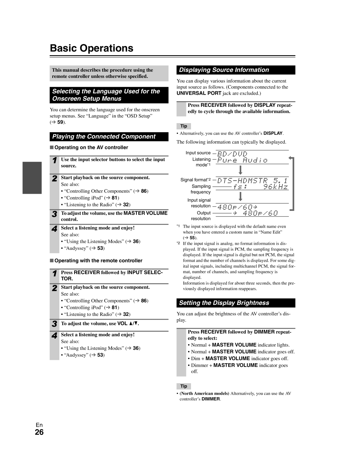 Onkyo PR-SC5508 instruction manual Displaying Source Information, Setting the Display Brightness, Tor 