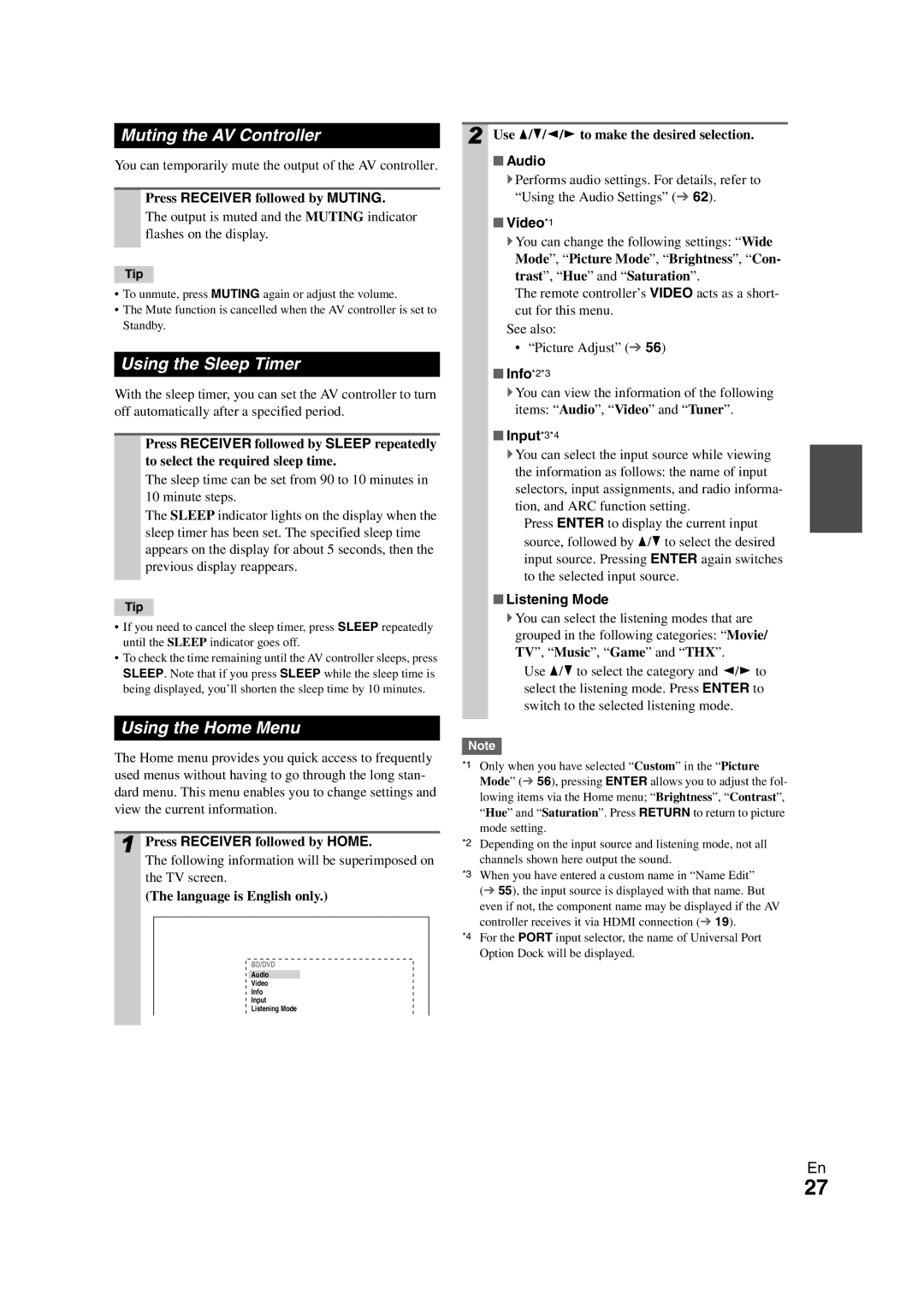 Onkyo PR-SC5508 instruction manual Muting the AV Controller, Using the Sleep Timer, Using the Home Menu 