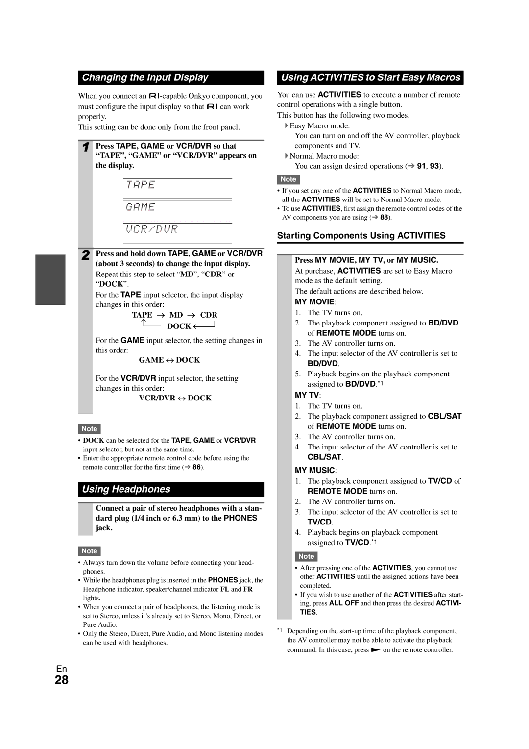 Onkyo PR-SC5508 instruction manual Changing the Input Display, Using Headphones, Using Activities to Start Easy Macros 