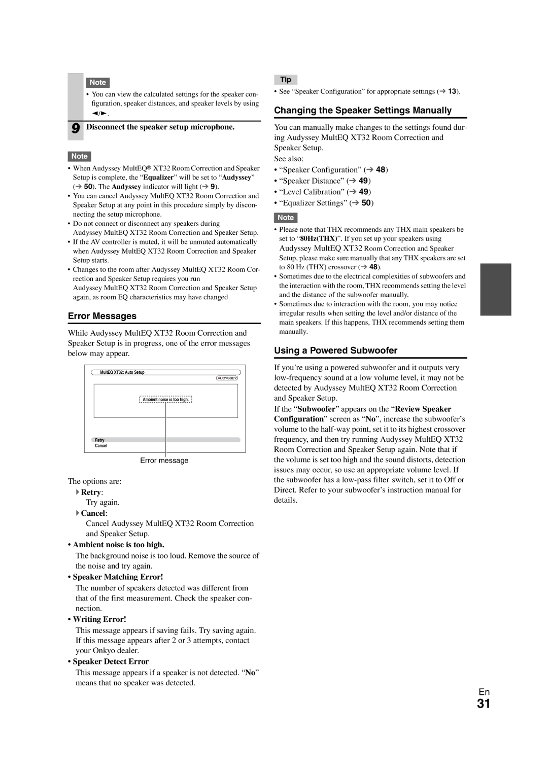 Onkyo PR-SC5508 instruction manual Error Messages, Changing the Speaker Settings Manually, Using a Powered Subwoofer 