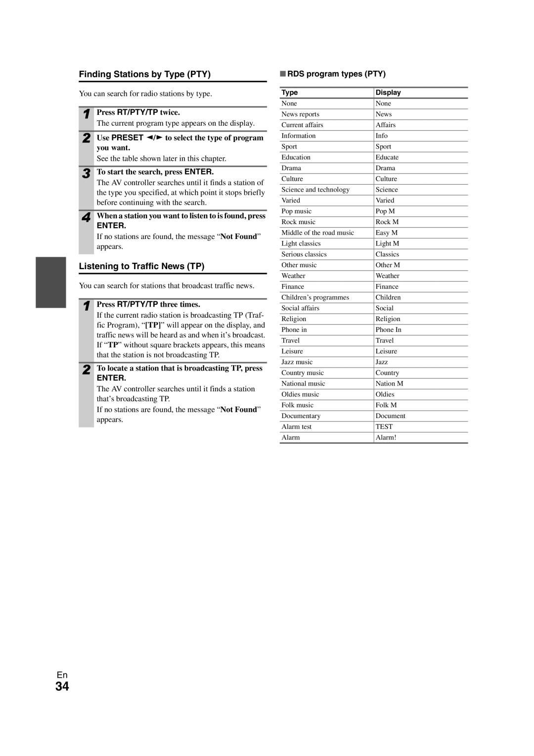 Onkyo PR-SC5508 instruction manual Finding Stations by Type PTY, Listening to Traffic News TP, RDS program types PTY 