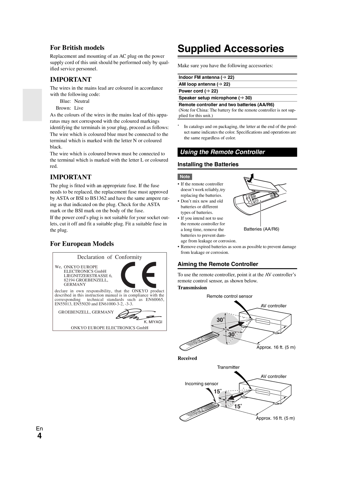 Onkyo PR-SC5508 Supplied Accessories, Using the Remote Controller, Installing the Batteries, Aiming the Remote Controller 