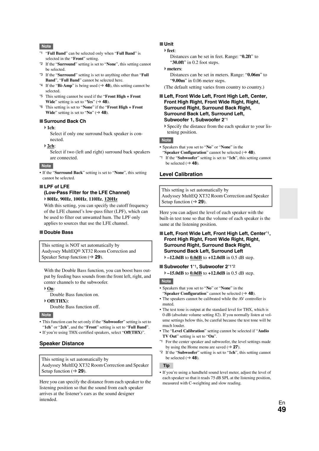 Onkyo PR-SC5508 instruction manual Speaker Distance, Level Calibration 