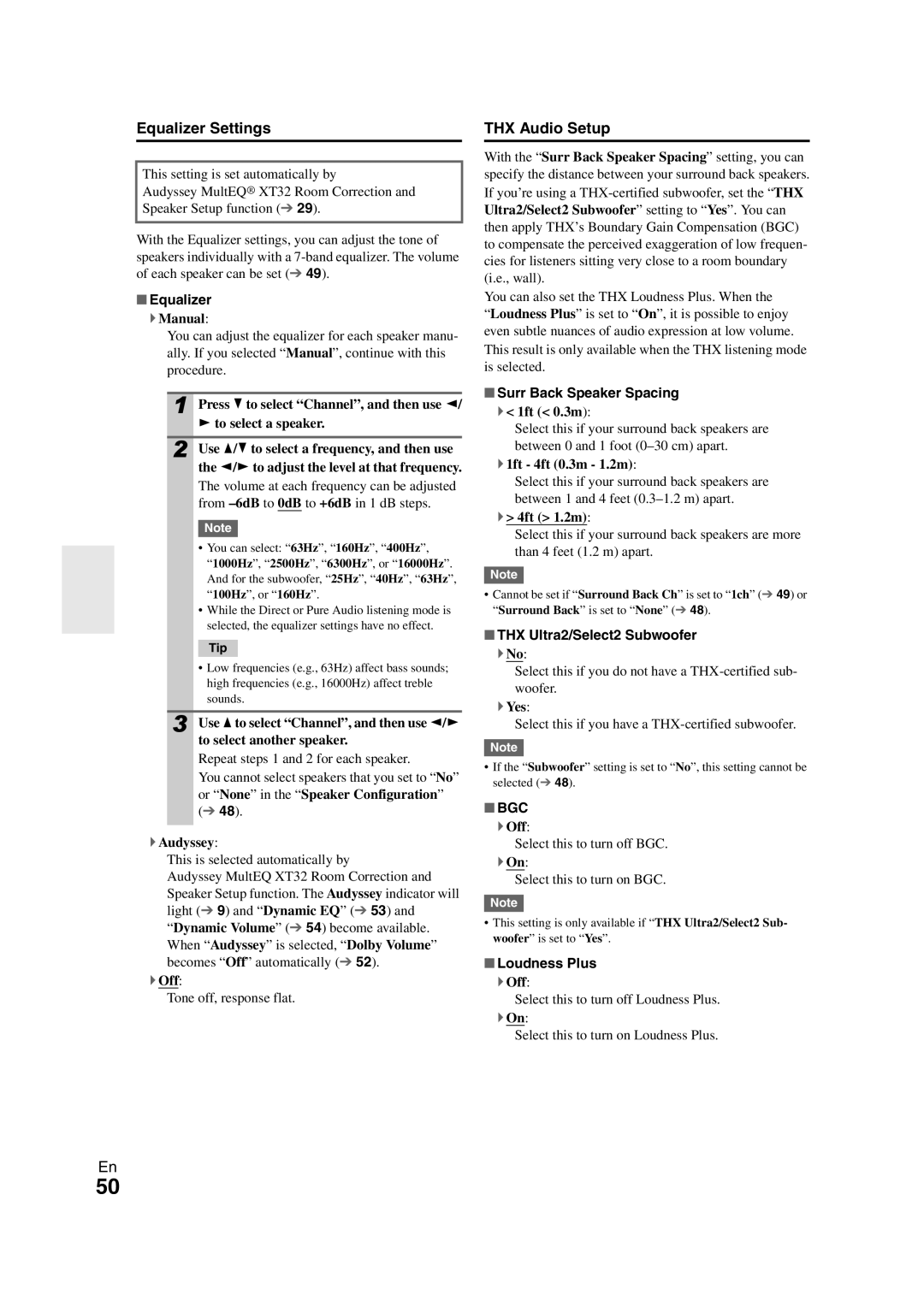 Onkyo PR-SC5508 instruction manual Equalizer Settings, THX Audio Setup, Bgc 