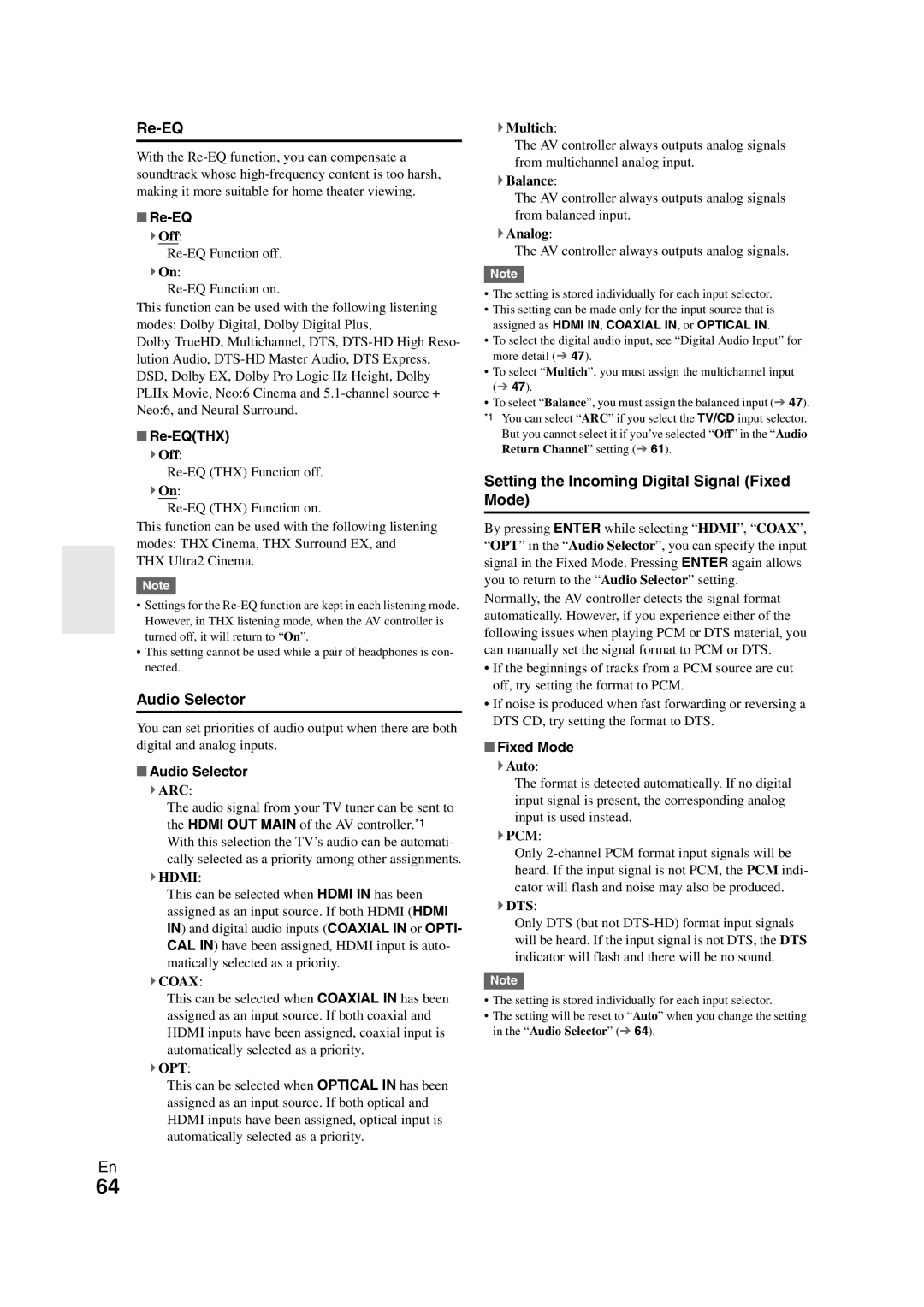 Onkyo PR-SC5508 instruction manual Re-EQ, Audio Selector, Setting the Incoming Digital Signal Fixed Mode 