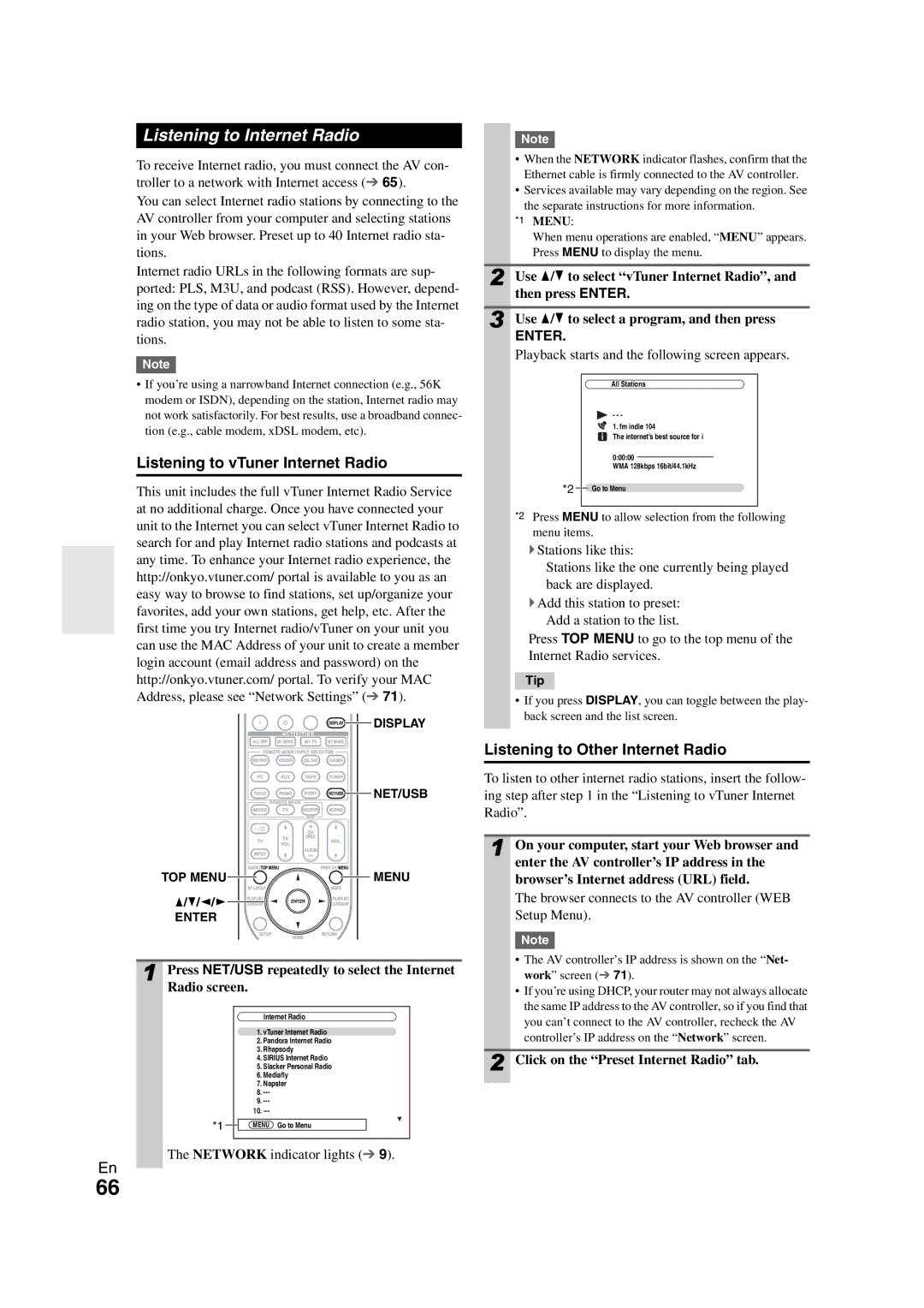 Onkyo PR-SC5508 Listening to Internet Radio, Listening to vTuner Internet Radio, Listening to Other Internet Radio 