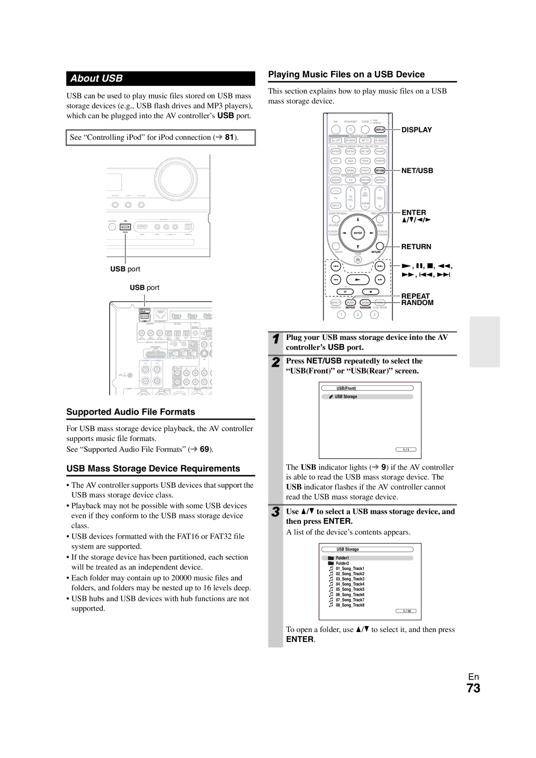 Onkyo PR-SC5508 instruction manual About USB, USB Mass Storage Device Requirements, Playing Music Files on a USB Device 