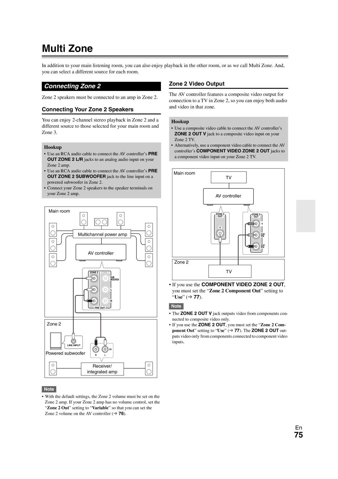 Onkyo PR-SC5508 Multi Zone, Connecting Zone, Connecting Your Zone 2 Speakers, Zone 2 Video Output, Hookup 