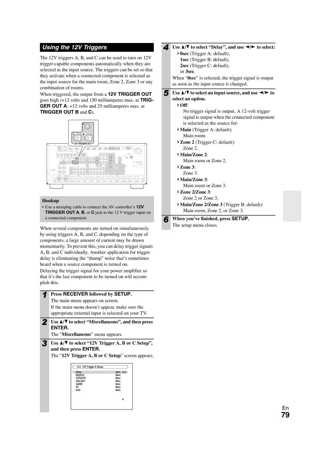 Onkyo PR-SC5508 instruction manual Using the 12V Triggers, Trigger OUT B and C 