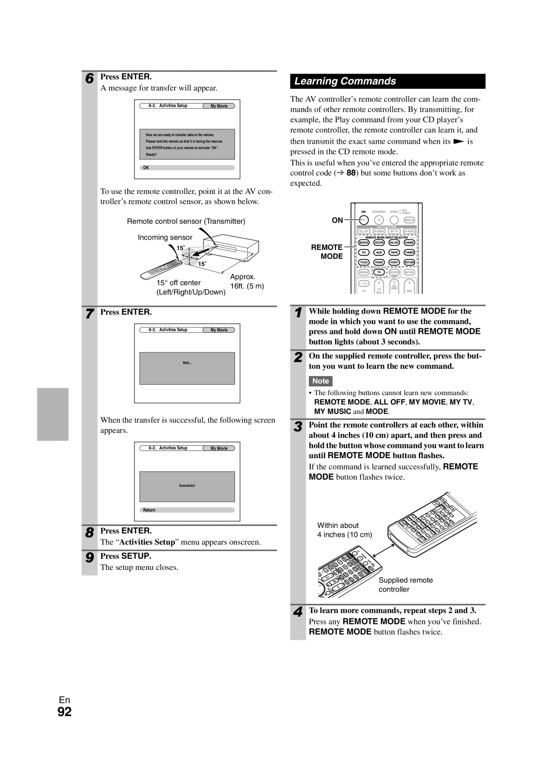 Onkyo PR-SC5508 Learning Commands, Message for transfer will appear, To learn more commands, repeat steps 2 