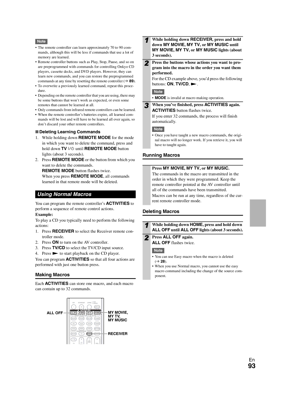 Onkyo PR-SC5508 Using Normal Macros, Making Macros, Running Macros, Deleting Macros, Deleting Learning Commands 